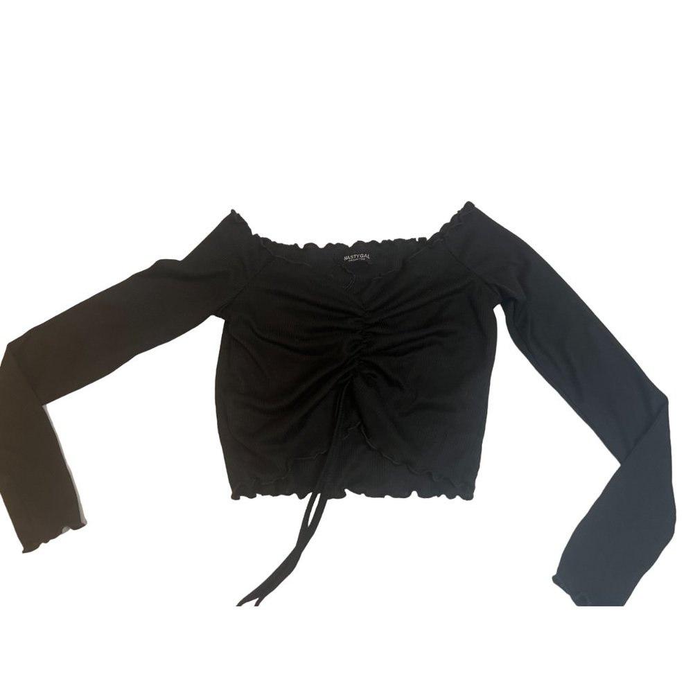Nasty Gal Collection Women Cropped Top Ruched Ribbed Long Sleeve Black Size 4